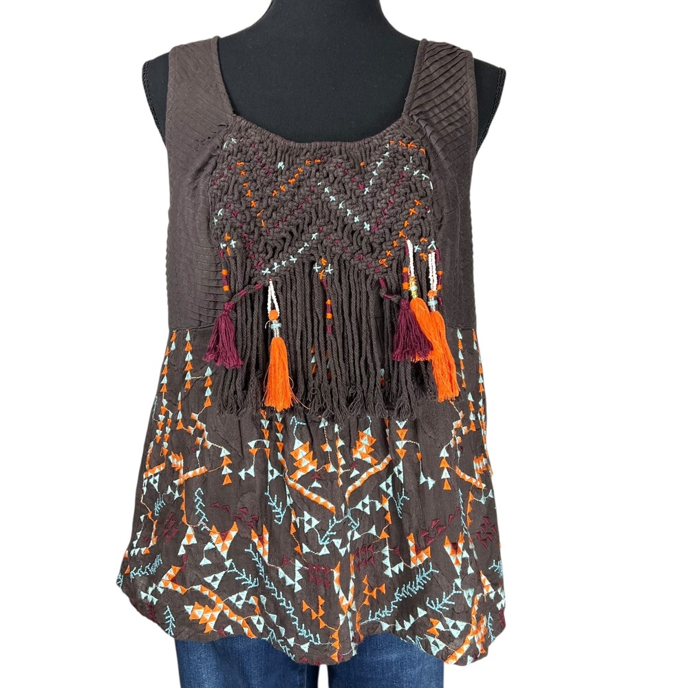 Akemi + Kin Brown Embroidered Tassel Tank‎ Top Bohemian Sleeveless Blouse Small